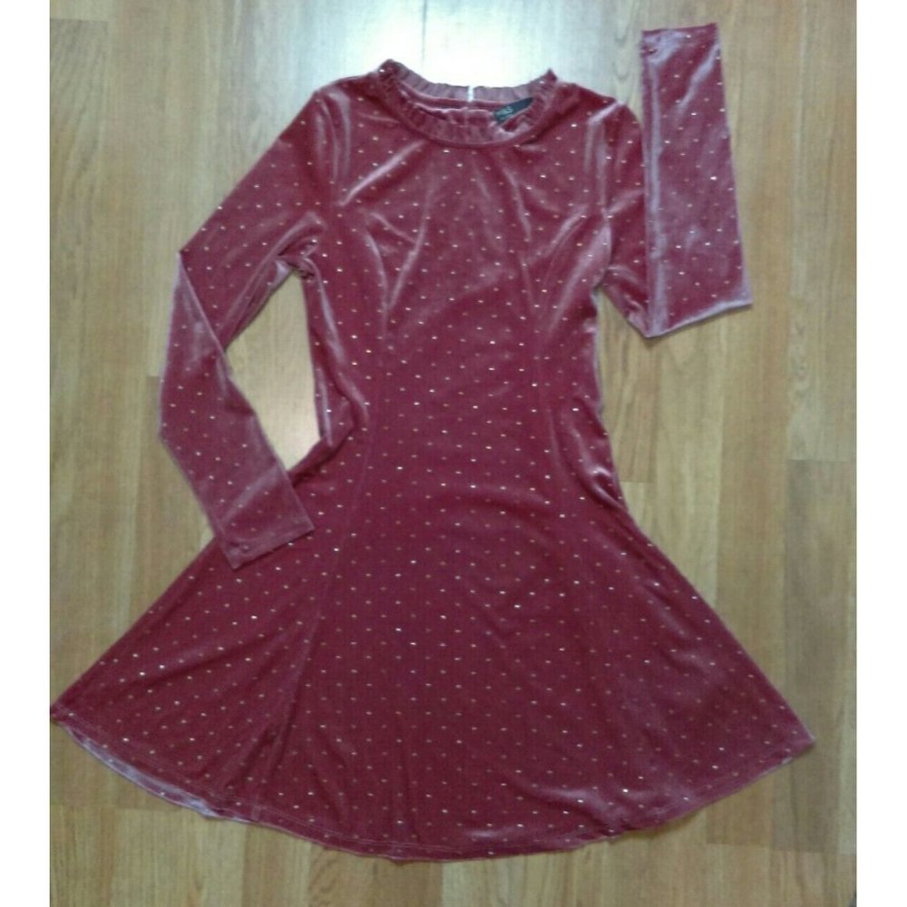 M&S Mark & Spencer Long Sleeve A-line Pink Glittery Velvet Dress 11-12 Youth